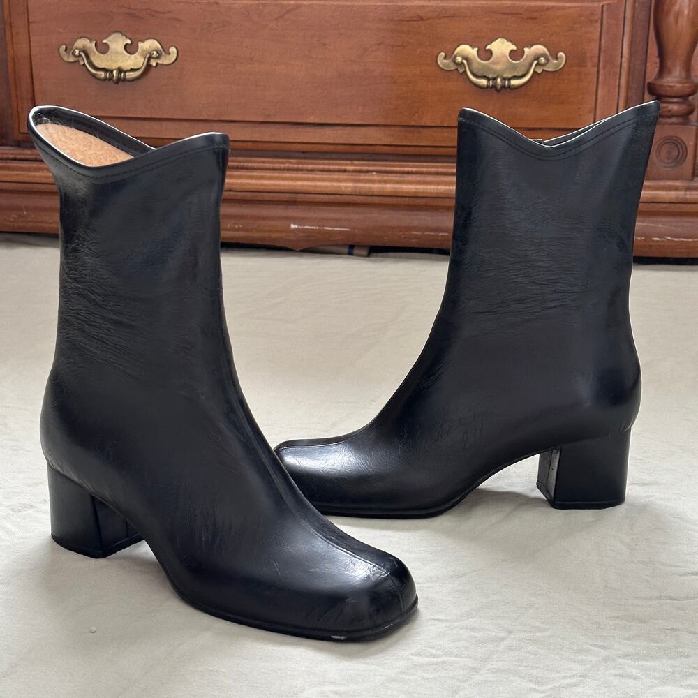Vintage Black Square Toe Leather Heeled Boots Waterproof Sole Fleece Lined Sz 7